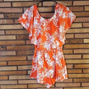 Aura Medium Orange & White Tropical Floral Ruffle Romper
